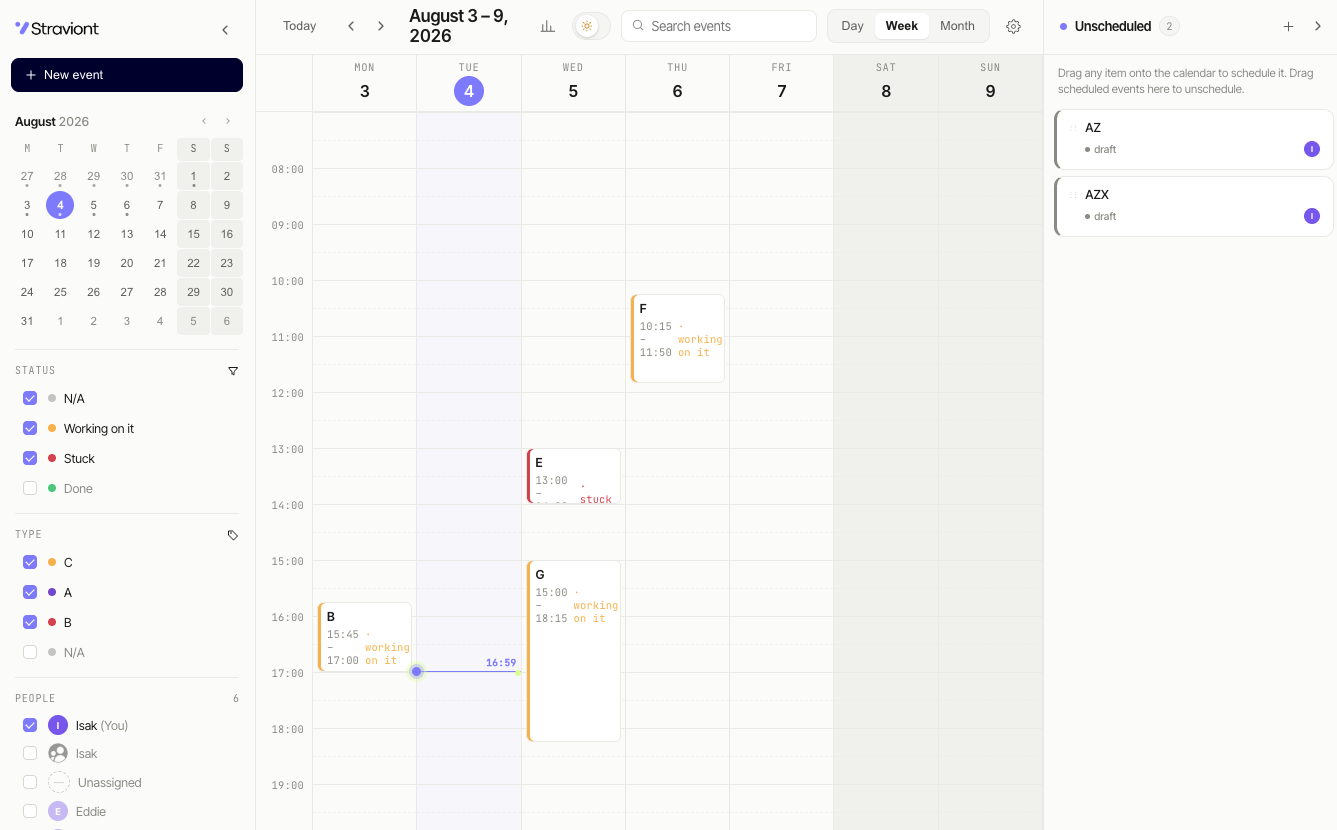 Super Calendar week view with filters, calendar grid and Unscheduled panel